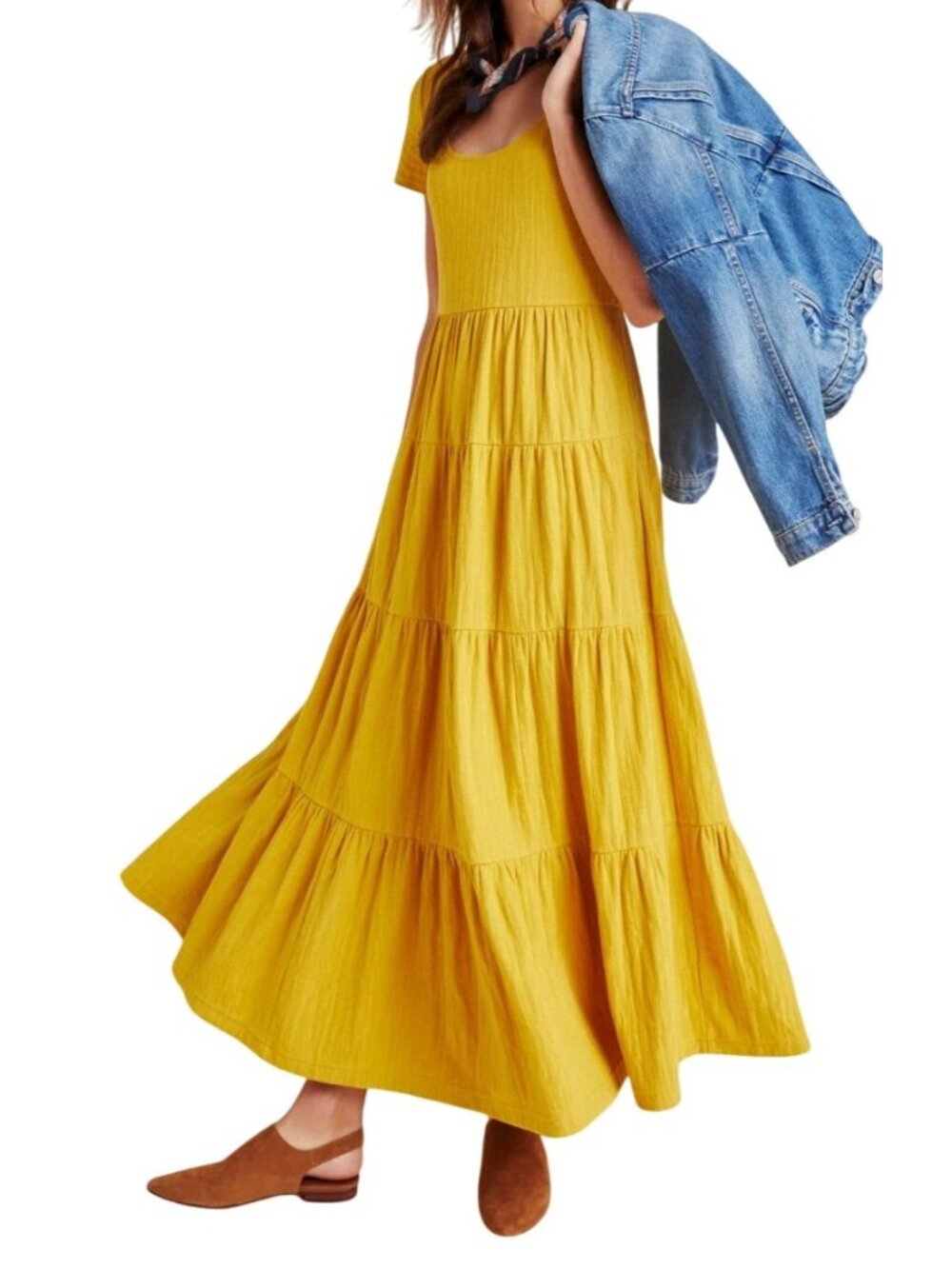 Maeve Anthropologie Womens Yellow Tiered Maxi Dress Short Sleeve Size S